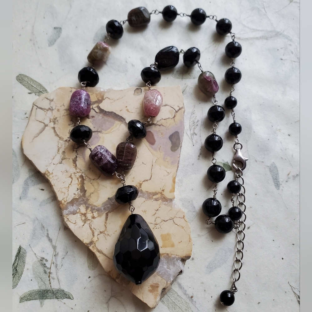 Sterling Silver Watermelon Tourmaline Beaded Necklace